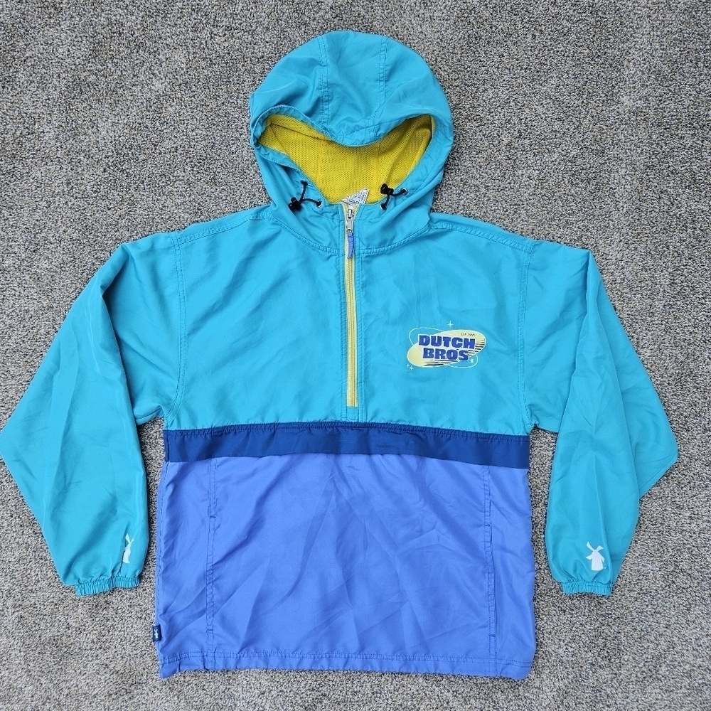Dutch Bros Vintage 90s Pullover Windbreaker Teal Blue Jacket Pullover Mens SM